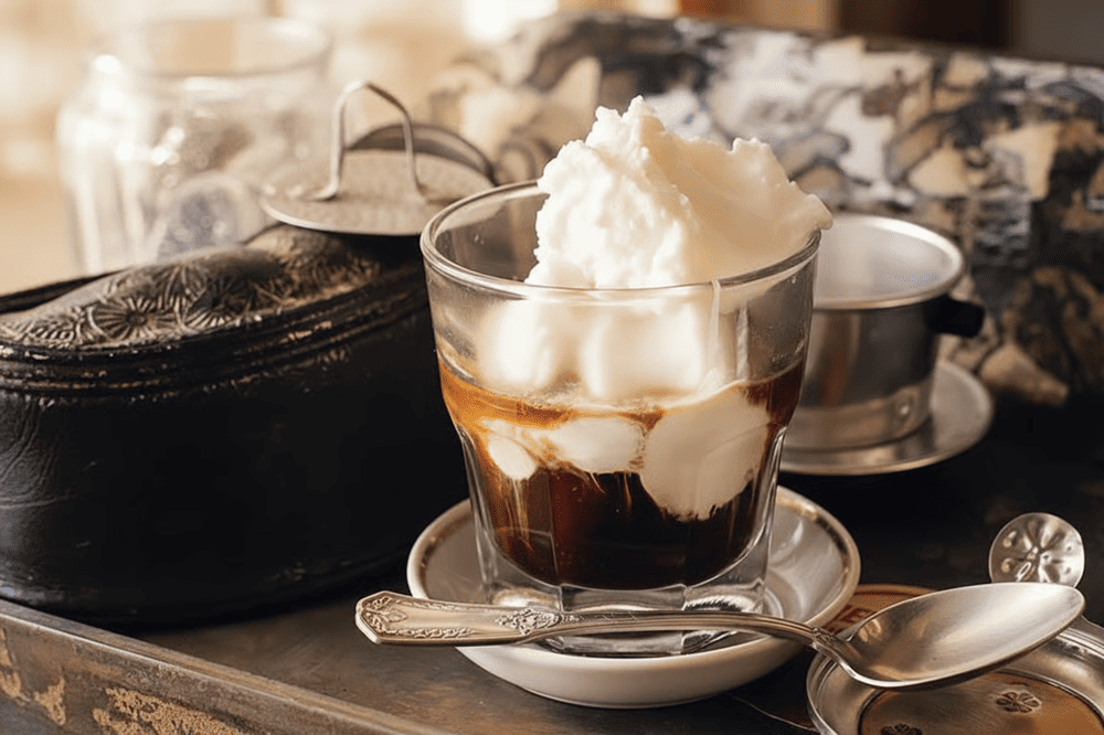 Coconut coffee in Vietnam blends robusta espresso with creamy coconut milk and crushed ice for a smooth, tropical taste